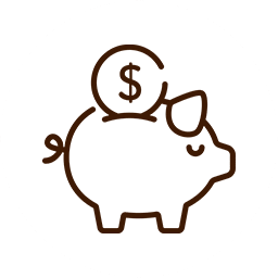 A brown outline of a piggy bank, resembling a happy pet under a veterinarian's care, with a coin featuring a dollar sign being inserted. The pig sports a curly tail and content expression. The white background is neatly enclosed within a circular frame.