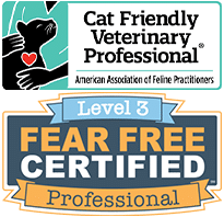 Two certification logos: one for "Cat Friendly Veterinary Professional" with a hand petting a cat, and another for "Level 3 Fear Free Certified Professional" in blue, gold, and white.