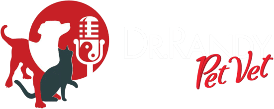 Logo for "Dr. Randy Pet Vet" featuring a red and white dog, a black cat, and a red circle with a white microphone in the background. The name "Dr. Randy Pet Vet" is written in white and red text on the right, highlighting his expertise as a dedicated veterinarian.