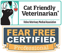 Two badges: one says "Cat Friendly Veterinarian, Feline Veterinary Medical Association" with a cat and vet icon; the other says "Fear Free Certified Professional" in bold letters.
