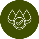 Icon of three water droplets outlined in white on a dark green circle. The center droplet, with a checkmark, symbolizes cleanliness or approval, ideal for a veterinarian's office to reflect the high standards upheld by dedicated vets.