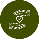 Icon of two hands, palm facing each other, with a heart between them. Outlined in white against a dark green circular background, it symbolizes care and compassion akin to that of a veterinarian.