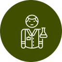 Icon of a scientist holding a flask, subtly incorporating the essence of a veterinarian. The figure is outlined in white on a dark green circular background, wearing a lab coat and an ID badge that hints at both scientific and veterinary expertise.