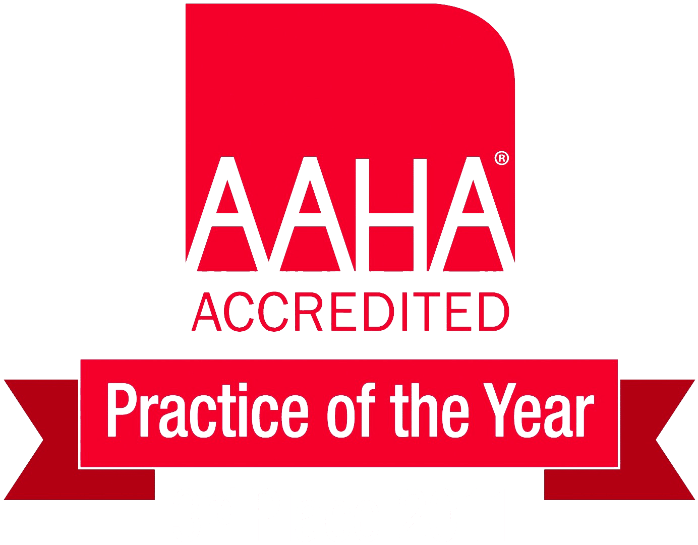 AAHA Accredited Practice of the Year logo in red, featuring bold text and a ribbon design stating