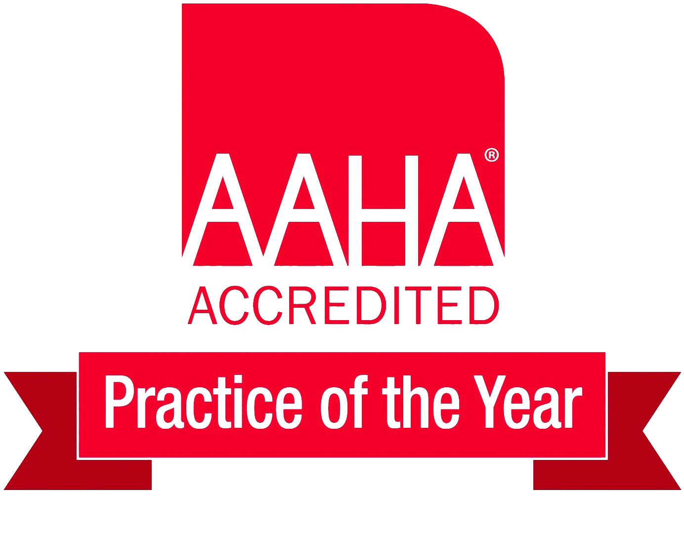 AAHA Accredited Practice of the Year logo in red, featuring bold text and a ribbon design stating