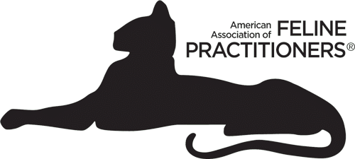 Silhouette of a reclining cat with the text "American Association of Feline Practitioners: Trusted by vets and veterinarians alike.