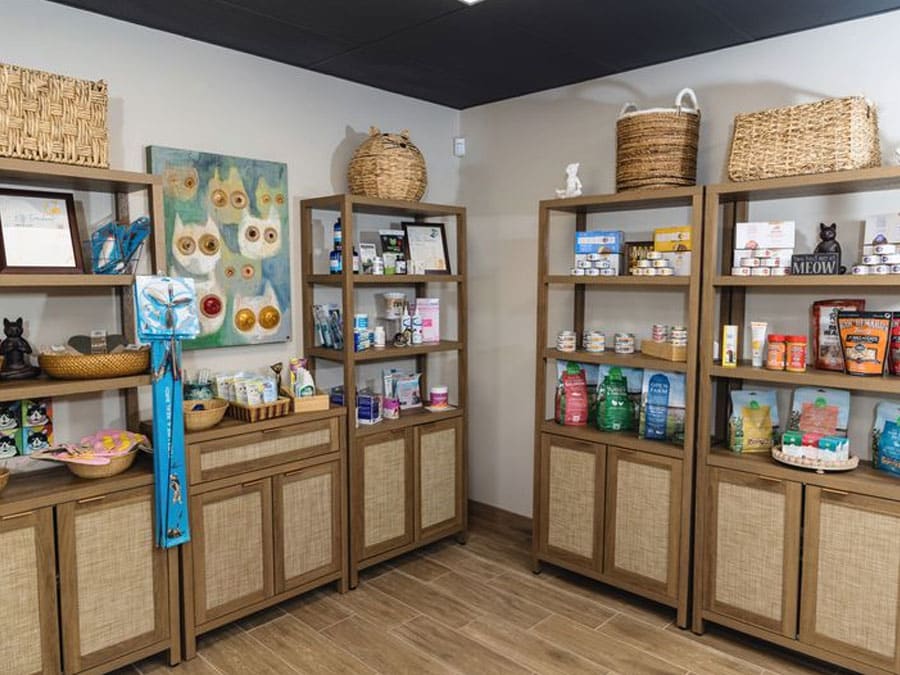 Shelves filled with pet supplies, including treats, canned food, and toys, reflect a veterinarian's touch. Baskets and decorative items are placed on top. A wall art piece depicts abstract shapes. The room has wooden flooring and a light-colored wall.