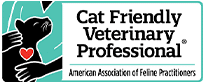 Logo featuring a cat silhouette being petted, a red heart symbol, and text: "Cat Friendly Vet Professional." Below, it reads "American Association of Feline Practitioners." The background blends green, black, and white.