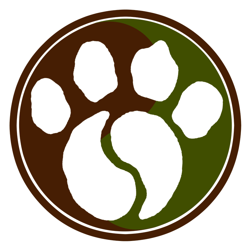 A stylized white paw print inside a circular emblem evokes a veterinary touch. The background, divided into brown and green halves, creates a yin-yang effect, symbolizing holistic care between pet and veterinarian.