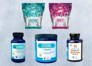 A selection of health supplement packages is displayed on a gray background, ideal for both personal and veterinarian-recommended use. The top row features two resealable bags labeled "Restore" and "Digest," while the bottom row presents three bottles: "Nutreo," "Entero," and "Omega Benefits.