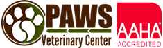 Logo featuring a paw print within a circle and the text "PAWS Veterinary Center" beside it. To the right, there's a red rectangle containing "AAHA Accredited" in white and red text, underscoring their credibility as a trusted vet clinic.