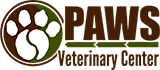 Logo for PAWS Veterinary Center showcases a green circle with a stylized white paw print inside. The text "PAWS Veterinary Center" in brown complements this design, embodying the trusted care provided by our skilled veterinarians.