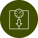 A green circular icon featuring a white outline of a weighing scale, reminiscent of tools often found in a veterinarian's practice, with a dial at the top and an arrow pointing downward in the center.